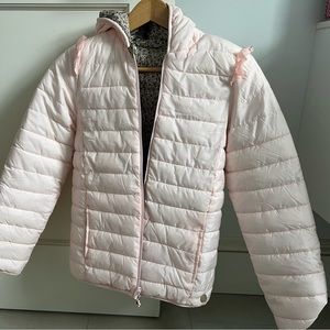 New peach pink/ floral print reversible winter hooded jacket size 11Y